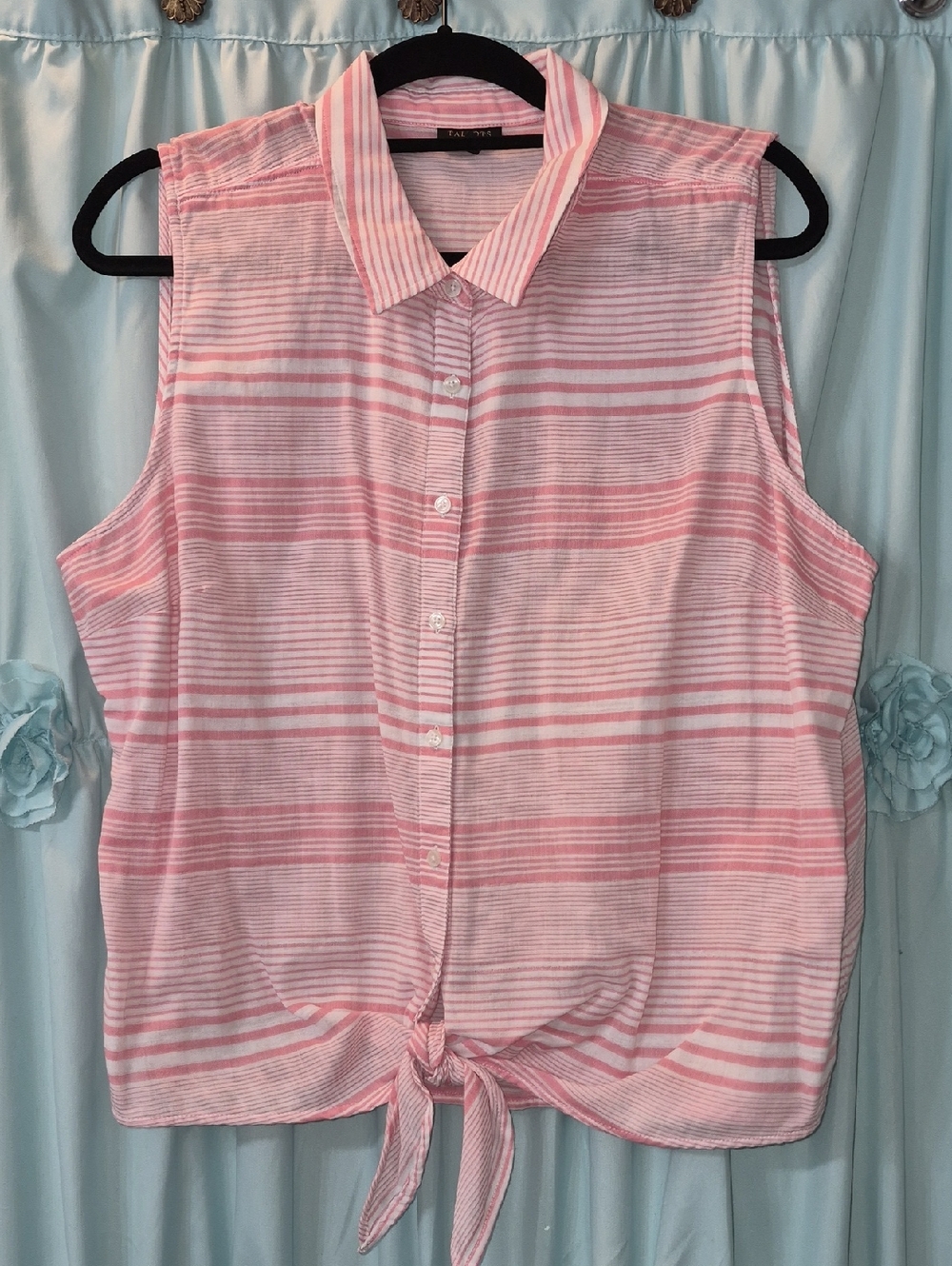 Talbots woman sleeveless peach striped tie hem button-up top Sz XL